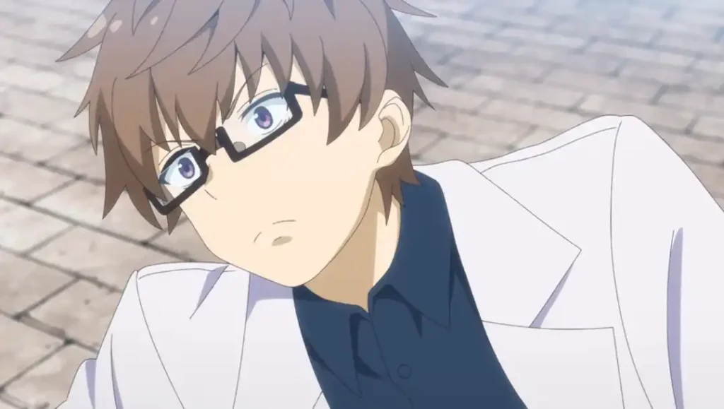 Enji ketika mengenakan setelan jas penelitian nya